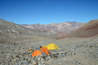 02 My Tent At Aconcagua Plaza Argentina Base Camp 4200m Looking Down The Relinchos Valley Toward Casa de Piedra With The Moon Overhead.jpg